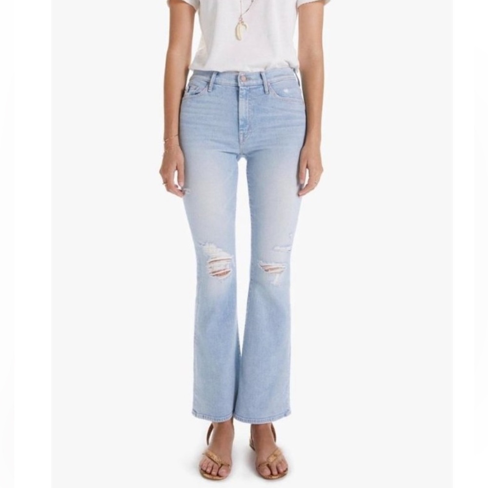 MOTHER Light Blue Distressed Flare Jeans